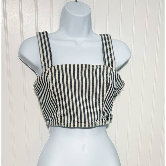 Zara Striped Denim Crop Bodice Tank Top Sleeveless‎ Blue White Small - Picture 2 of 12